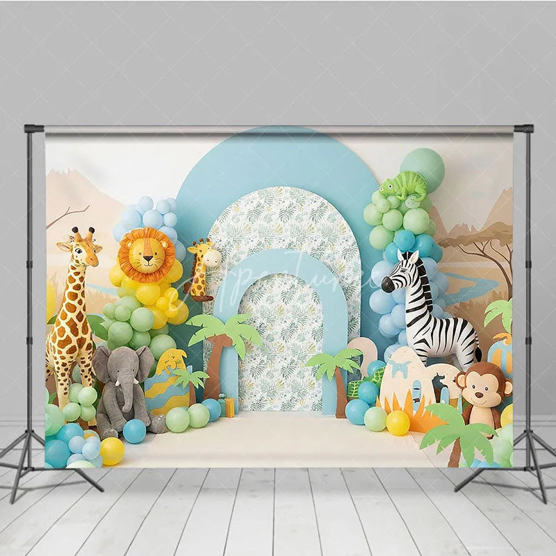 Aperturee - Aperturee Wild One Safari Animals and Jungle Backdrop Giraffe Zebra and Elephant Zoo Theme for Boy First Birthday
