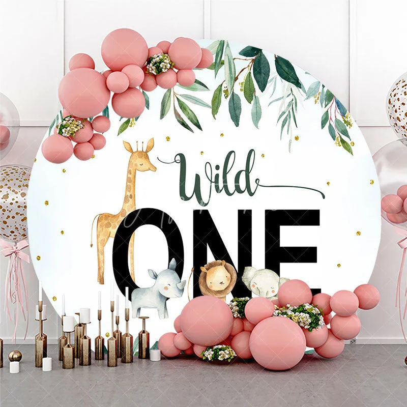 Aperturee - Aperturee Wild One Safari Animals Round Backdrop Watercolor Lion Elephant and Giraffe First Birthday Background