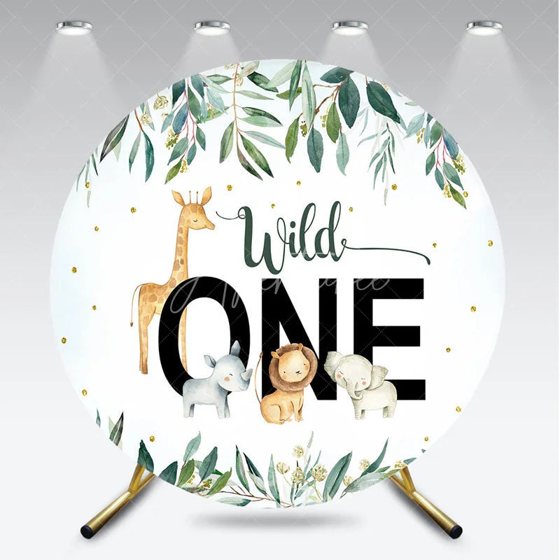 Aperturee - Aperturee Wild One Safari Animals Round Backdrop Watercolor Lion Elephant and Giraffe First Birthday Background