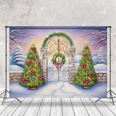 Aperturee - Aperturee Wild Snowy Field Gate Xmas Trees Christmas Backdrop