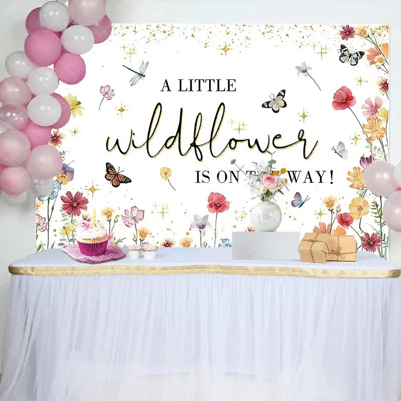 Aperturee - Aperturee Wildflower Baby Shower Backdrop Floral Butterflies and Gold Stars Photography Background for Girls Birthday Party