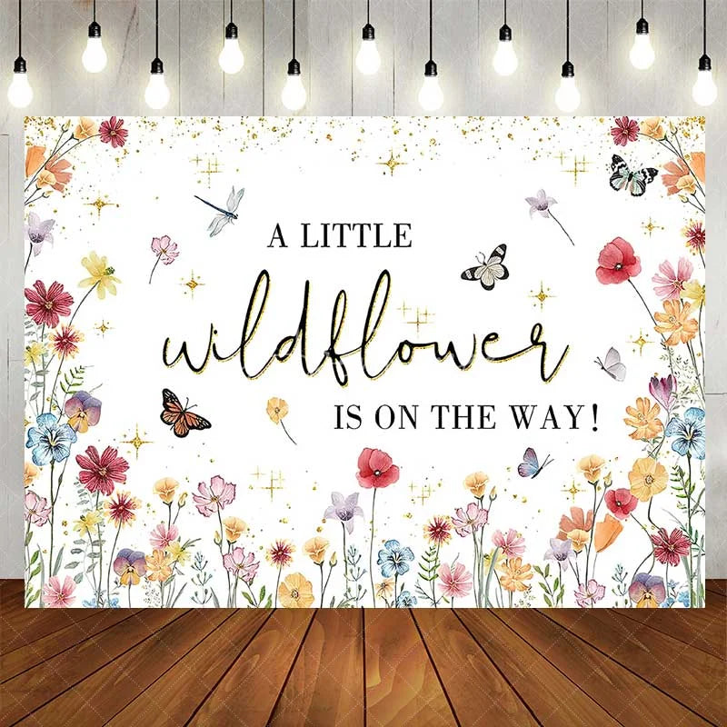 Aperturee - Aperturee Wildflower Baby Shower Backdrop Floral Butterflies and Gold Stars Photography Background for Girls Birthday Party