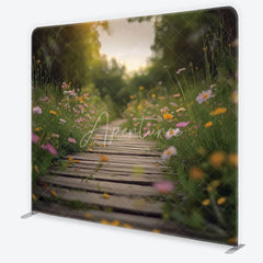 Aperturee - Aperturee Wildflower Meadow and Wooden Path Backdrop Spring Garden Heart Sunlight Scene Floral Tension Fabric Backdrop