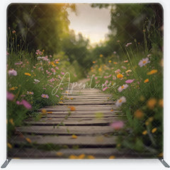 Aperturee - Aperturee Wildflower Meadow and Wooden Path Backdrop Spring Garden Heart Sunlight Scene Floral Tension Fabric Backdrop