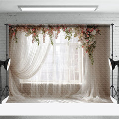 Aperturee - Aperturee Window Photography Backdrop with Sheer Curtains Romantic Pink Floral Garlands Natural Light Portrait Studio Prop