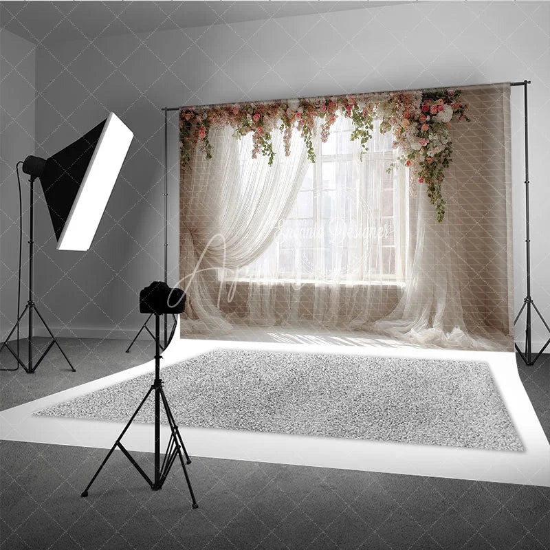 Aperturee - Aperturee Window Photography Backdrop with Sheer Curtains Romantic Pink Floral Garlands Natural Light Portrait Studio Prop
