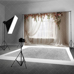 Aperturee - Aperturee Window Photography Backdrop with Sheer Curtains Romantic Pink Floral Garlands Natural Light Portrait Studio Prop