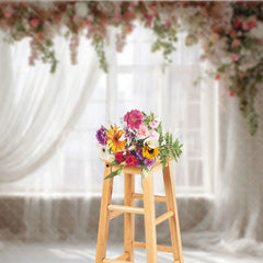 Aperturee - Aperturee Window Photography Backdrop with Sheer Curtains Romantic Pink Floral Garlands Natural Light Portrait Studio Prop