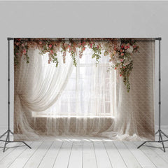 Aperturee - Aperturee Window Photography Backdrop with Sheer Curtains Romantic Pink Floral Garlands Natural Light Portrait Studio Prop