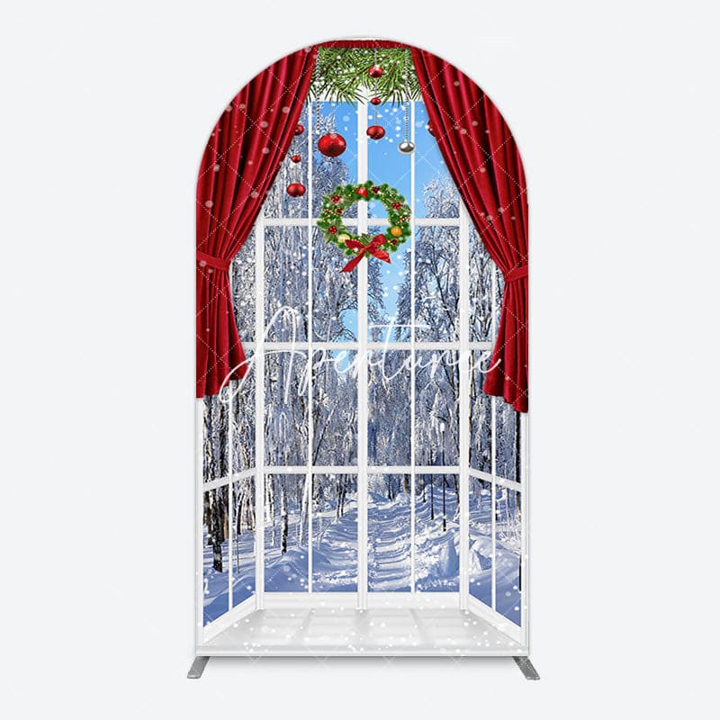 Aperturee - Aperturee Window Snowy Forest Scene Christmas Arch Backdrop
