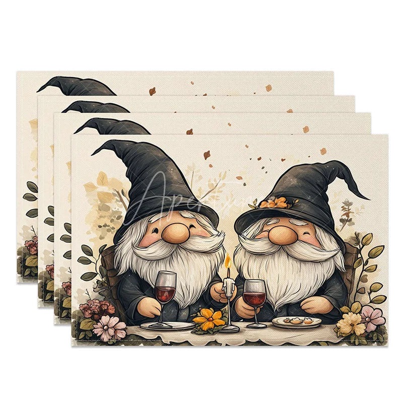 Aperturee - Aperturee Wine Toast Gnome Set of 4 Placemats Romantic Dinner Decoration Valentine Couple Table Mat