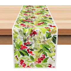 Aperturee - Aperturee Winter Berry and Greenery Table Runner Watercolor Christmas Holly Holiday Botanical Table Decor