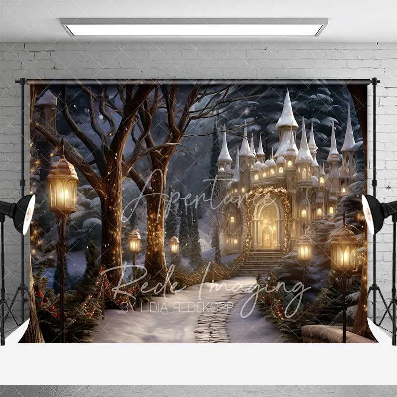 Aperturee - Aperturee Winter Fantasy Castle Backdrop Snowy Path Street Lamps Magical Palace Night Scenery Photo Background