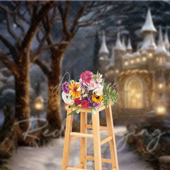 Aperturee - Aperturee Winter Fantasy Castle Backdrop Snowy Path Street Lamps Magical Palace Night Scenery Photo Background
