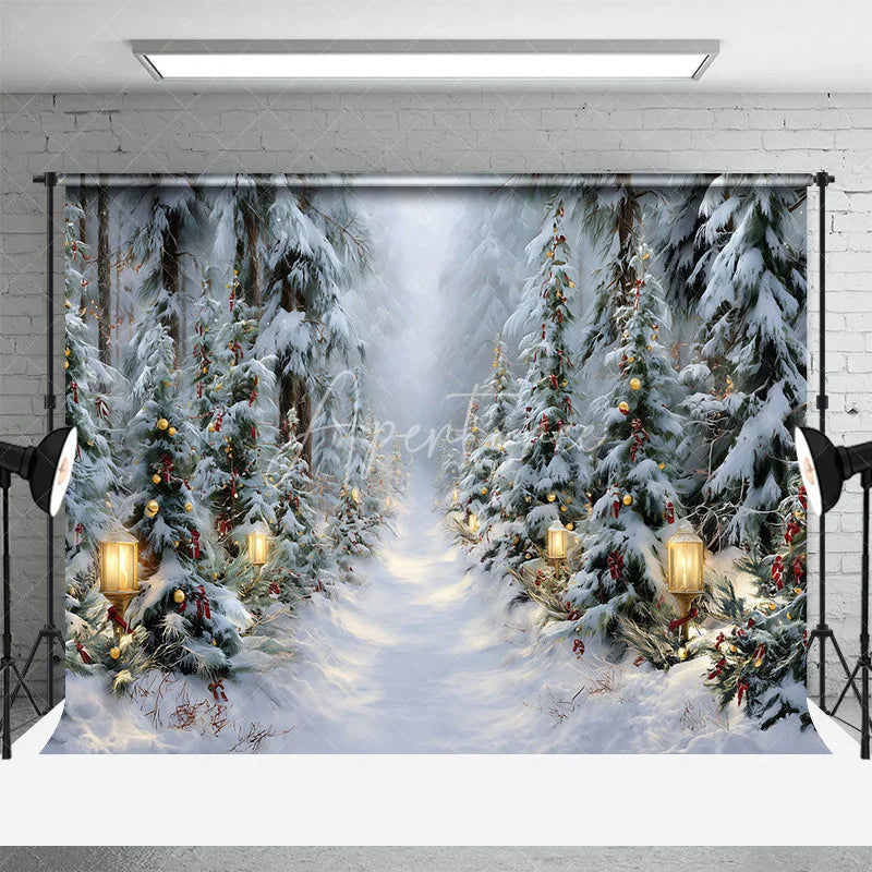 Aperturee - Aperturee Winter Forest Path Christmas Backdrop Street Lamp Snow Tree Photography Background Magical Wonderland Holiday Party