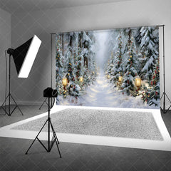 Aperturee - Aperturee Winter Forest Path Christmas Backdrop Street Lamp Snow Tree Photography Background Magical Wonderland Holiday Party