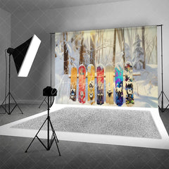 Aperturee - Aperturee Winter Forest Snowboard Backdrop Snowy Woods Ski Board Photography Background Outdoor Sport Holiday Party Decoration