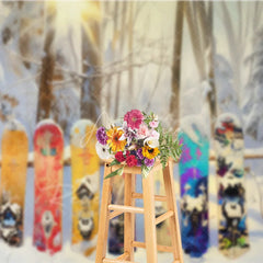 Aperturee - Aperturee Winter Forest Snowboard Backdrop Snowy Woods Ski Board Photography Background Outdoor Sport Holiday Party Decoration