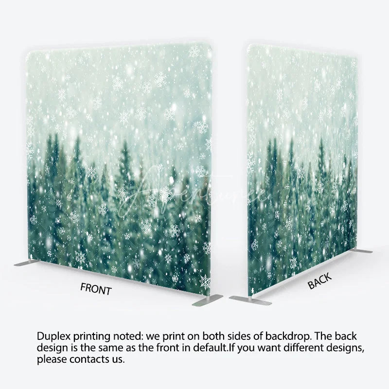 Aperturee - Aperturee Winter Forest Tension Fabric Backdrop Snowy Pine Trees with White Snowflakes Background Christmas Holiday Party Decor