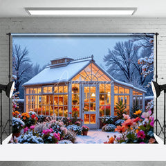 Aperturee - Aperturee Winter Greenhouse Backdrop Snowy Garden Floral Photography Background Christmas Glass House Holiday Party Decoration