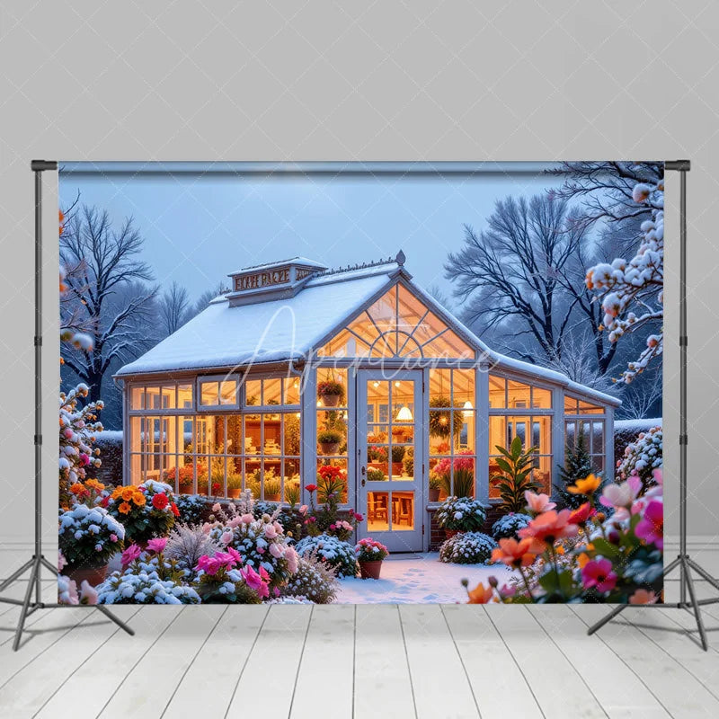 Aperturee - Aperturee Winter Greenhouse Backdrop Snowy Garden Floral Photography Background Christmas Glass House Holiday Party Decoration