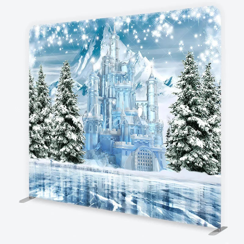 Aperturee - Aperturee Winter Ice Castle Tension Fabric Backdrop Snow Mountain and Pine Trees Background Magical Fairy Tale Holiday Decor
