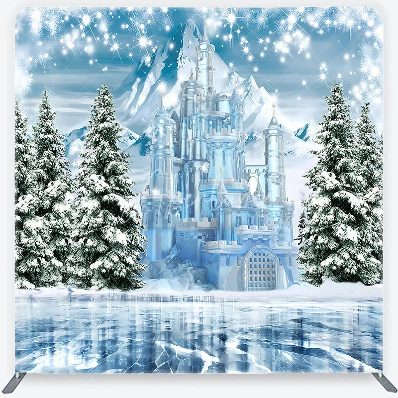 Aperturee - Aperturee Winter Ice Castle Tension Fabric Backdrop Snow Mountain and Pine Trees Background Magical Fairy Tale Holiday Decor