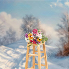 Aperturee - Aperturee Winter Landscape Backdrop Snowy Hill Birch Tree Photography Background Nature Scenic Painting Holiday Party Decoration