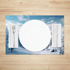 Aperturee - Aperturee Winter Mountain Set of 4 Placemats Snowy Forest Landscape Scenic Holiday Christmas Table Mats Decor