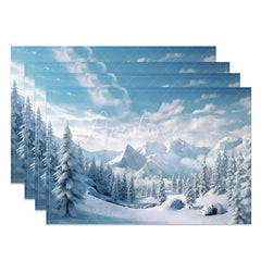 Aperturee - Aperturee Winter Mountain Set of 4 Placemats Snowy Forest Landscape Scenic Holiday Christmas Table Mats Decor