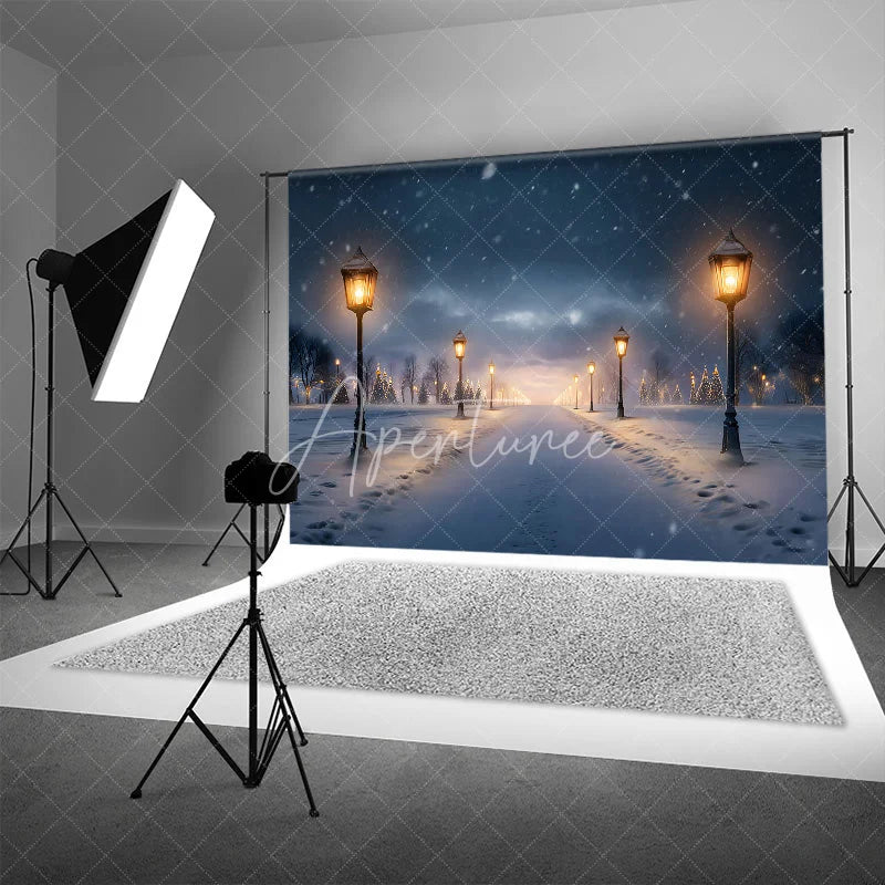Aperturee - Aperturee Winter Night Street Lamp Backdrop Snowy Path Tree Photography Background Christmas Eve Holiday Party Decoration