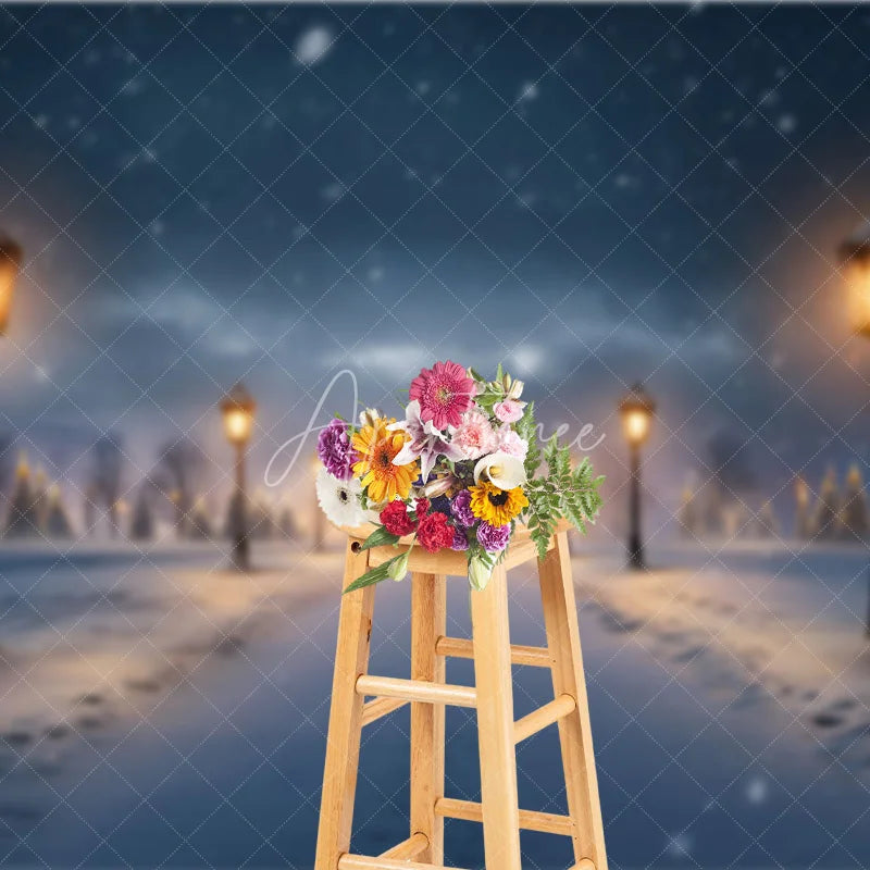 Aperturee - Aperturee Winter Night Street Lamp Backdrop Snowy Path Tree Photography Background Christmas Eve Holiday Party Decoration