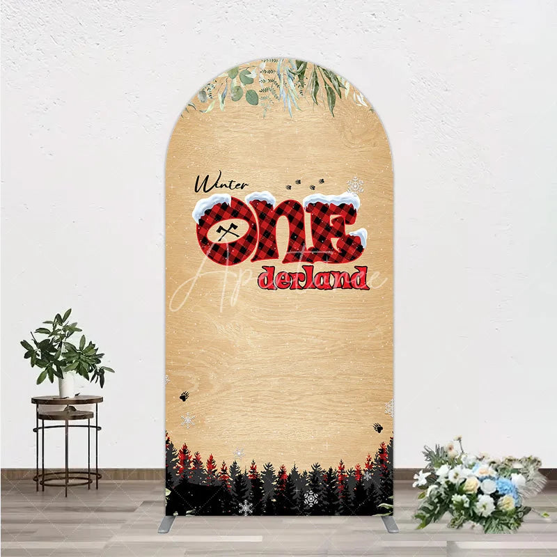 Aperturee - Aperturee Winter Onederland Arch Backdrop Rustic Wood Bear Plaid 1st Birthday Prop