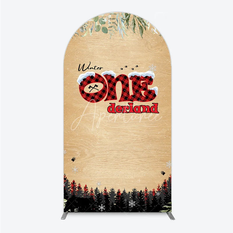 Aperturee - Aperturee Winter Onederland Arch Backdrop Rustic Wood Bear Plaid 1st Birthday Prop