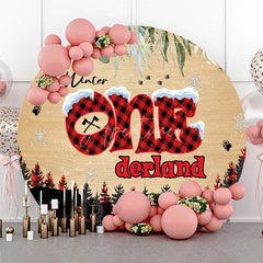 Aperturee - Aperturee Winter Onederland First Birthday Round Backdrop Lumberjack Buffalo Plaid with Bear Rustic Woodland Party Decor