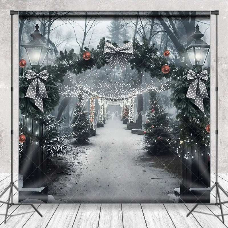 Aperturee - Aperturee Winter Park Christmas Backdrop Street Lamp Grey Bow Light Tunnel Background Snowy Path Holiday Party Decoration