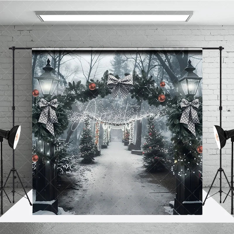 Aperturee - Aperturee Winter Park Christmas Backdrop Street Lamp Grey Bow Light Tunnel Background Snowy Path Holiday Party Decoration