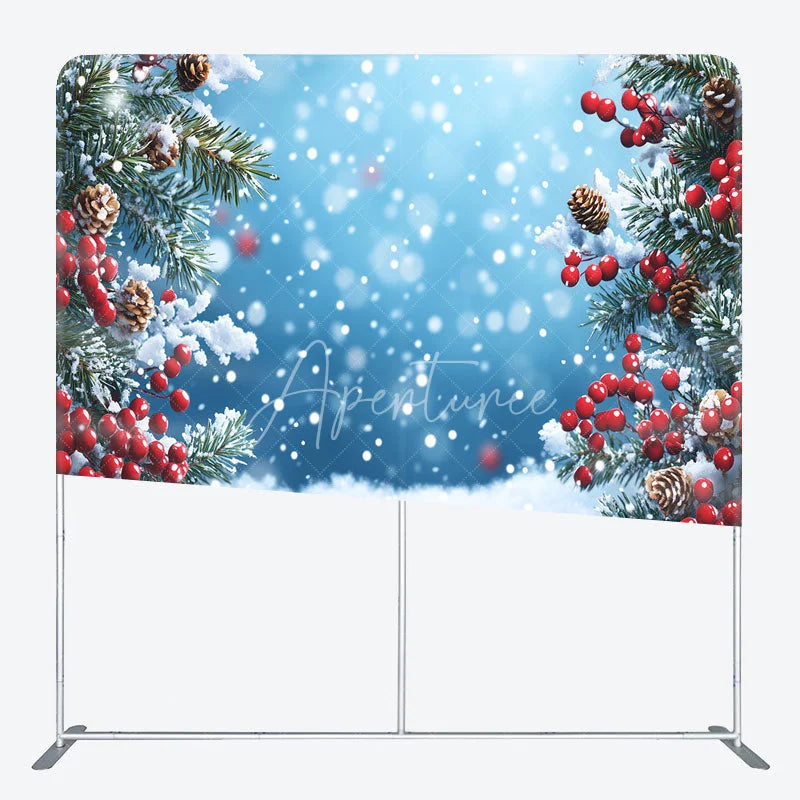 Aperturee - Aperturee Winter Snow and Pine Branch Double-Sided Tension Fabric Backdrop Christmas Red Berries Holiday Party Photo Booth