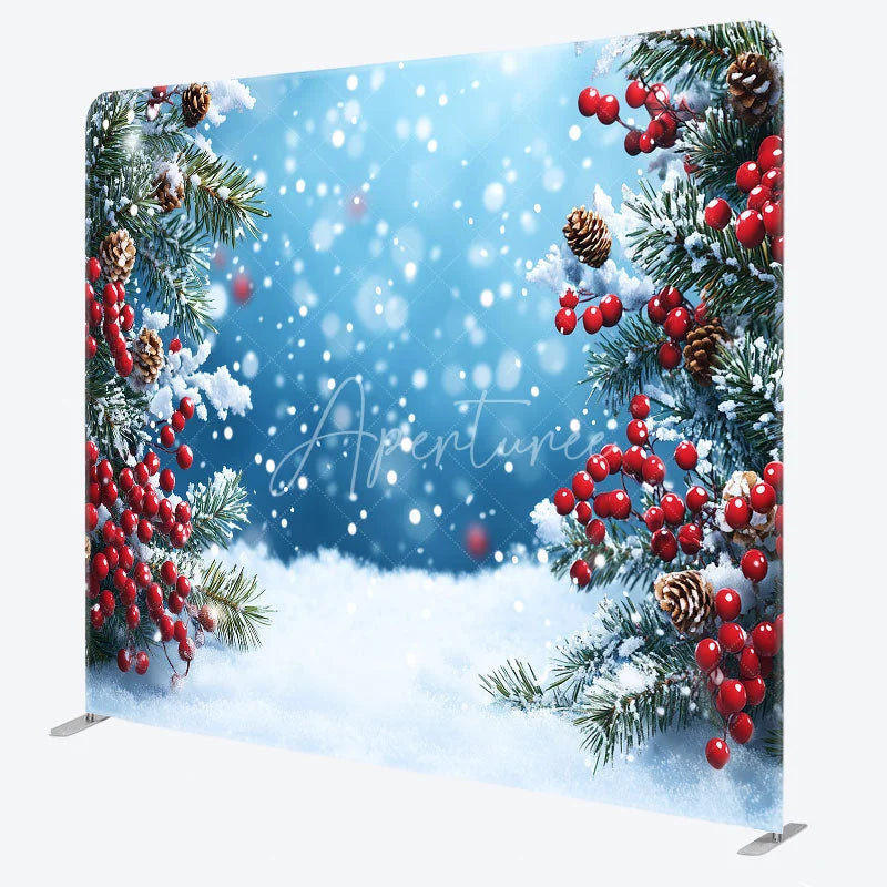 Aperturee - Aperturee Winter Snow and Pine Branch Double-Sided Tension Fabric Backdrop Christmas Red Berries Holiday Party Photo Booth