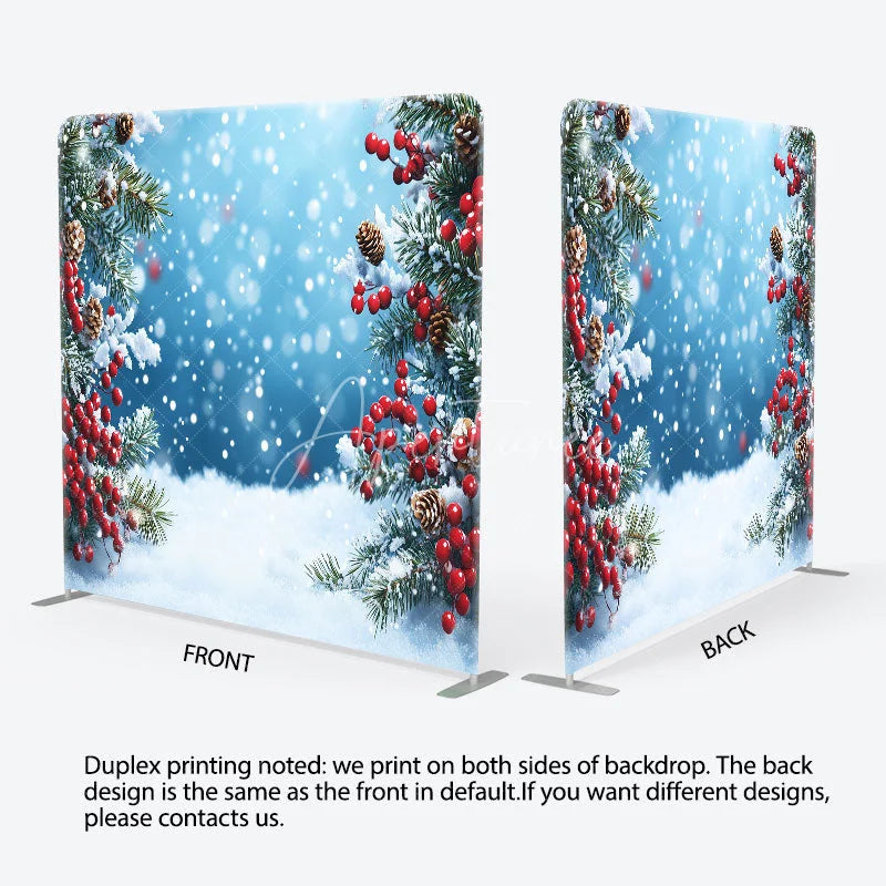 Aperturee - Aperturee Winter Snow and Pine Branch Double-Sided Tension Fabric Backdrop Christmas Red Berries Holiday Party Photo Booth