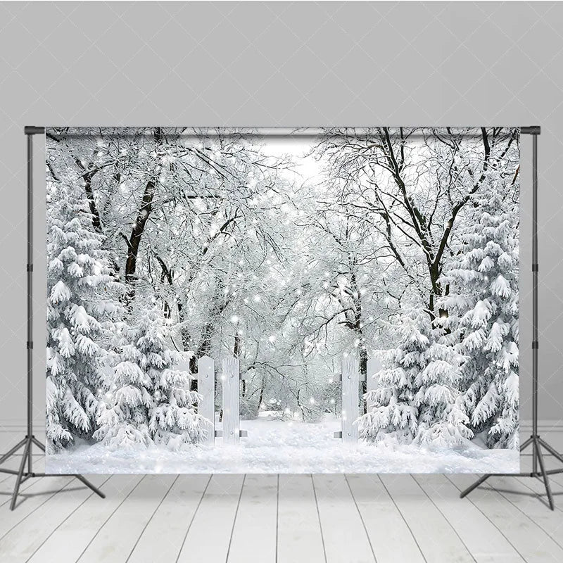 Aperturee - Aperturee Winter Snow Forest Photography Backdrop White Gate to an Enchanted Woods Magical Holiday Photo Background