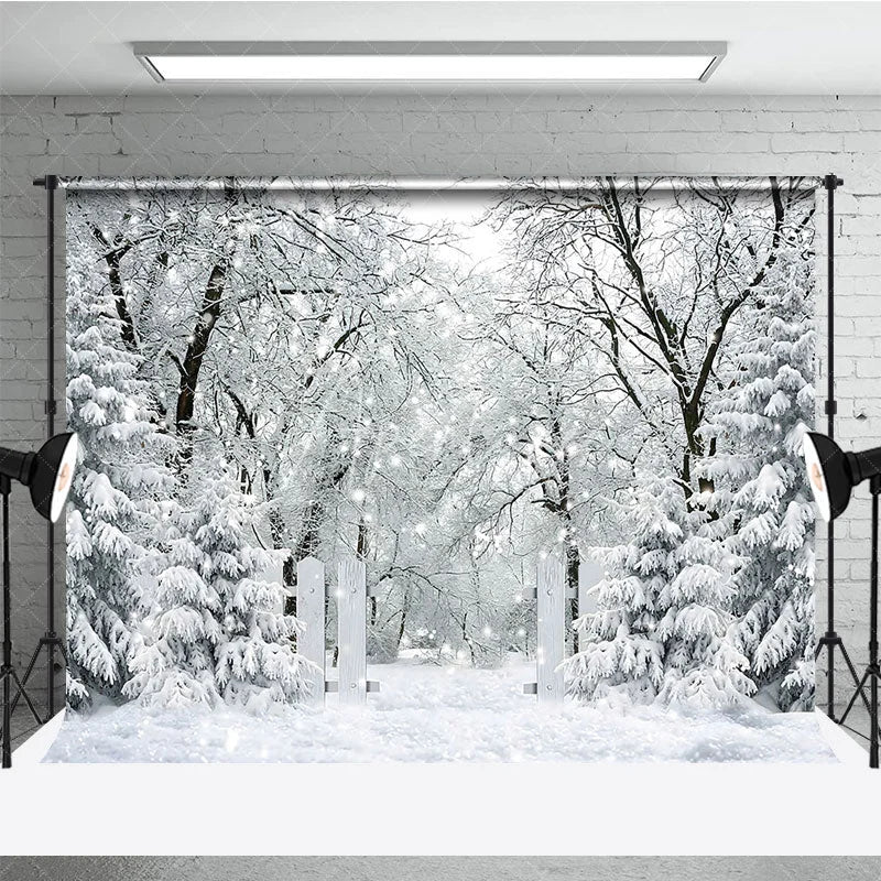 Aperturee - Aperturee Winter Snow Forest Photography Backdrop White Gate to an Enchanted Woods Magical Holiday Photo Background