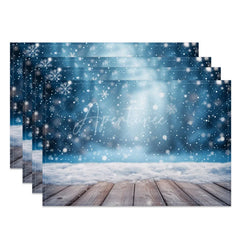 Aperturee - Aperturee Winter Snow Set of 4 Placemats Rustic Wood Floor with Blue Bokeh Christmas Holiday Table Mats Decor