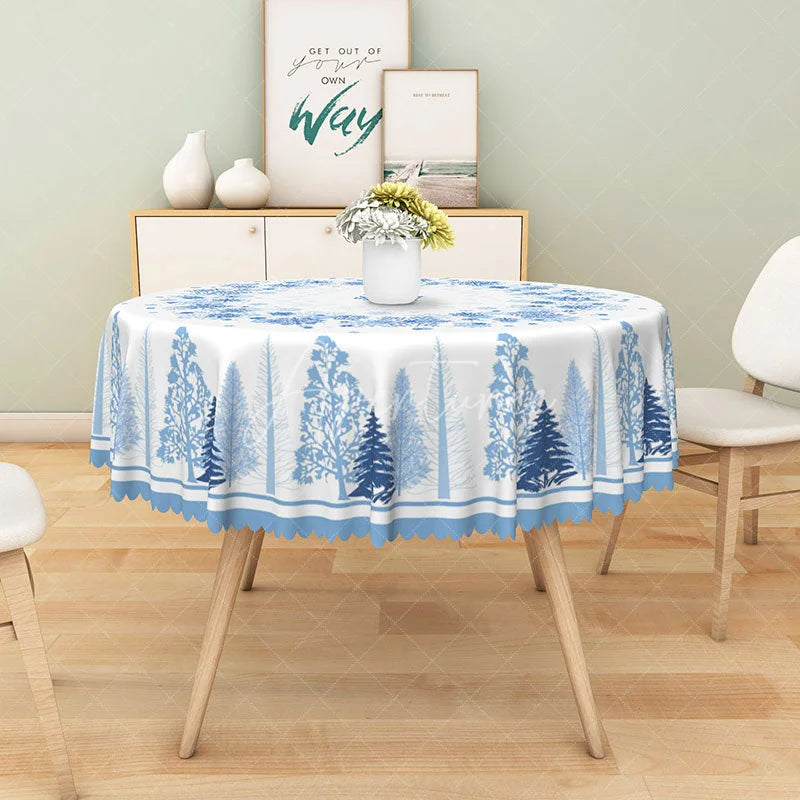Aperturee - Aperturee Winter Snowflake and Tree Round Tablecloth Blue Forest Silhouette Christmas Holiday Dining Table Decor