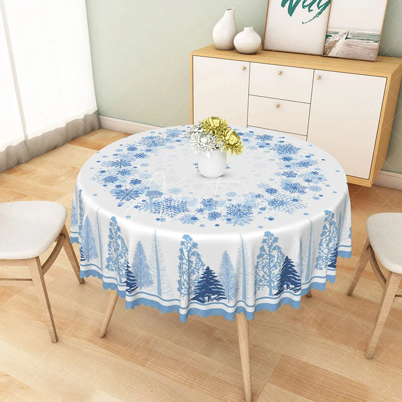 Aperturee - Aperturee Winter Snowflake and Tree Round Tablecloth Blue Forest Silhouette Christmas Holiday Dining Table Decor