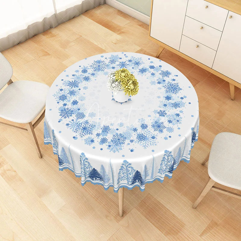 Aperturee - Aperturee Winter Snowflake and Tree Round Tablecloth Blue Forest Silhouette Christmas Holiday Dining Table Decor