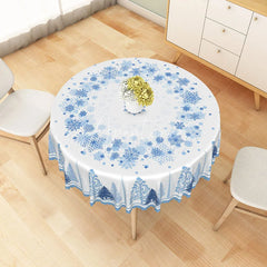 Aperturee - Aperturee Winter Snowflake and Tree Round Tablecloth Blue Forest Silhouette Christmas Holiday Dining Table Decor