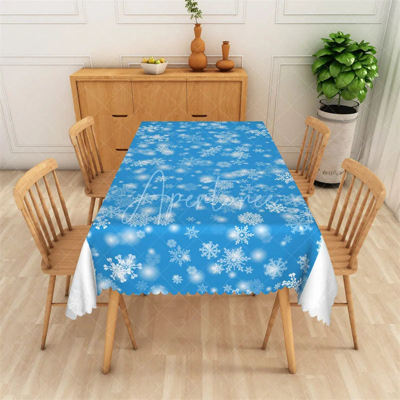 Aperturee - Aperturee Winter Snowflake Rectangle Tablecloth Blue with White Snowflakes Christmas Holiday Table Cover Decor