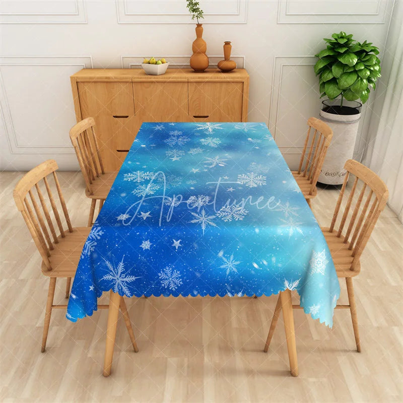 Aperturee - Aperturee Winter Snowflake Rectangle Tablecloth Bright Blue with White Snowflakes Frozen Christmas Table Cover