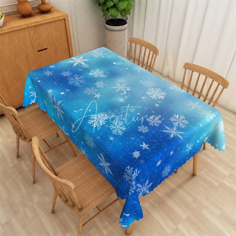 Aperturee - Aperturee Winter Snowflake Rectangle Tablecloth Bright Blue with White Snowflakes Frozen Christmas Table Cover